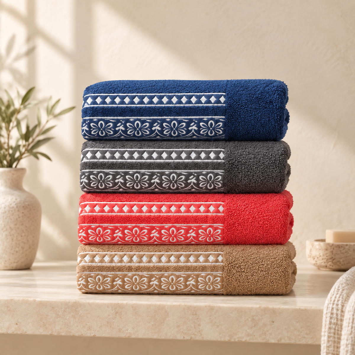 Floral border towels in navy, charcoal, coral and sand on a sunlit shelf