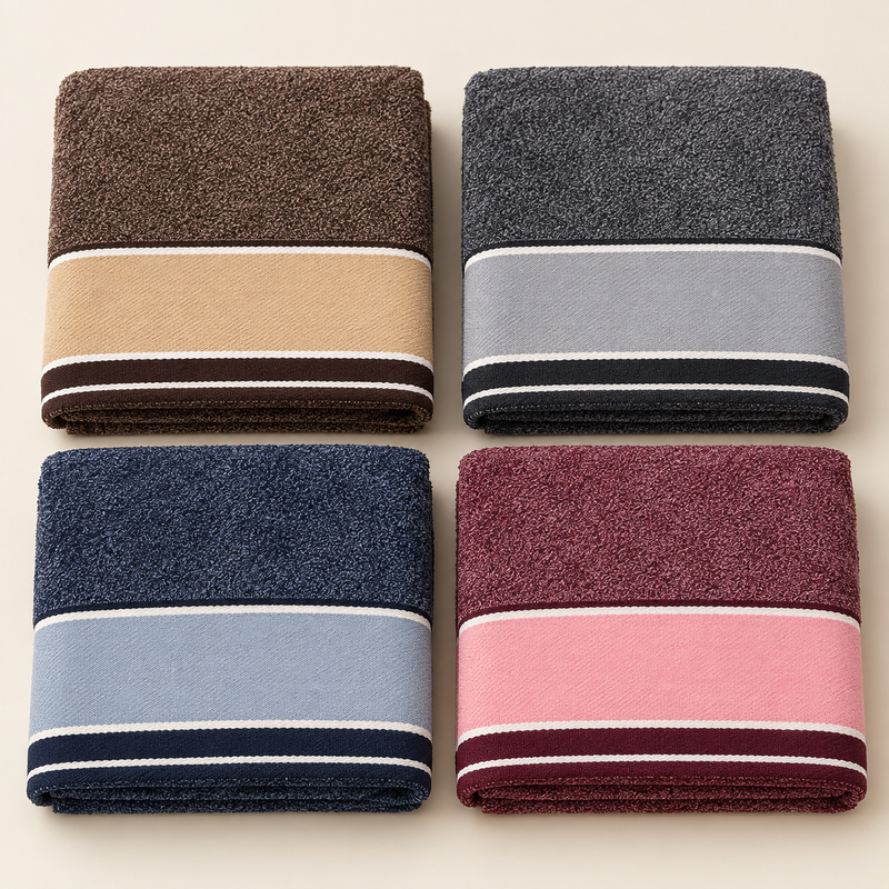 Marled Contrast Border Bath Towel — four colour choices; AI-assisted studio image