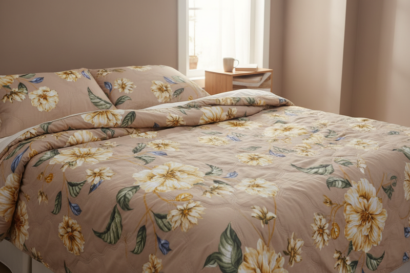 Royce Yellow Dahlia Comforter draped on a bed in a cozy modern bedroom