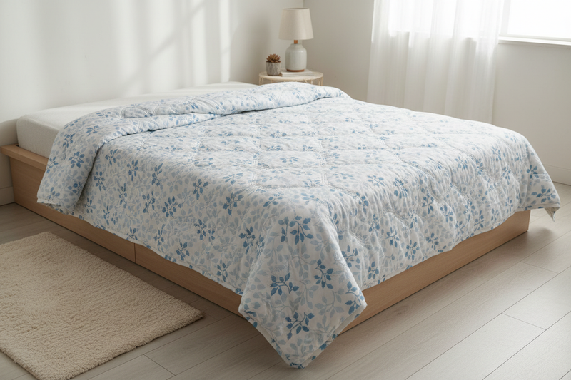 Royce Blue Leaf Comforter draped on a bed in a fresh modern bedroom