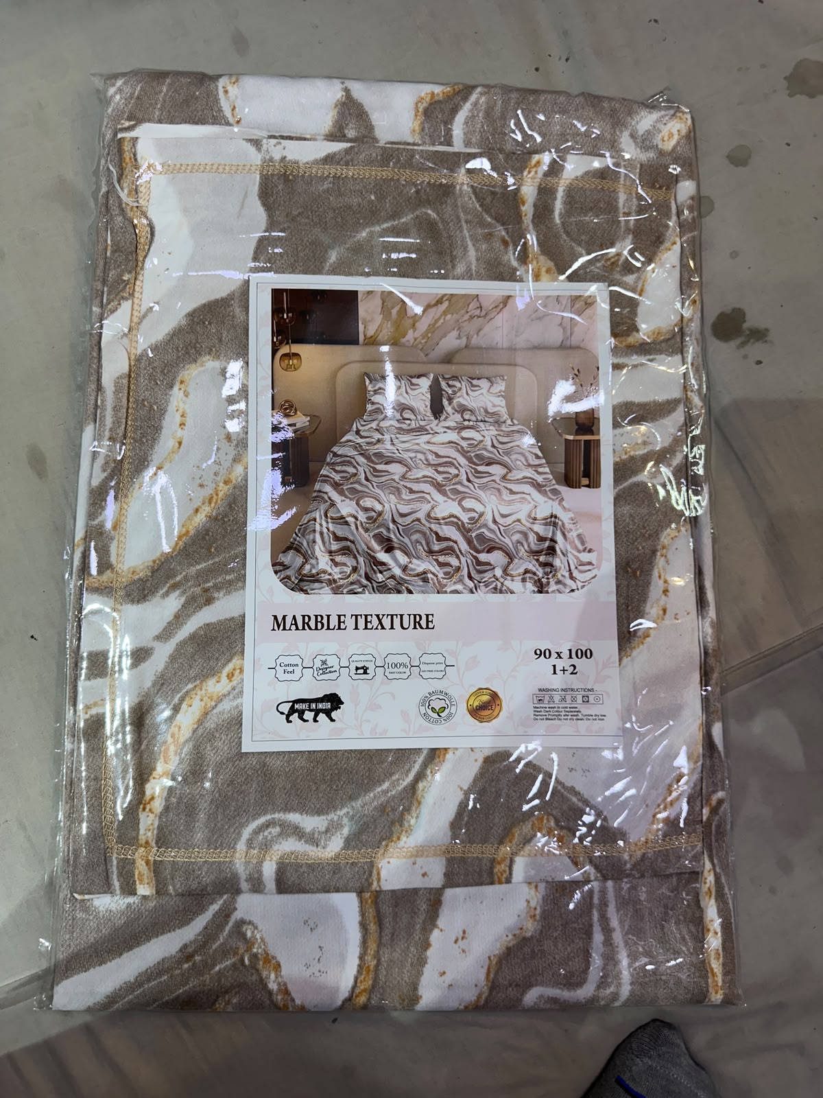 Marble Texture Brown Gold Bedsheet Set - original product packaging