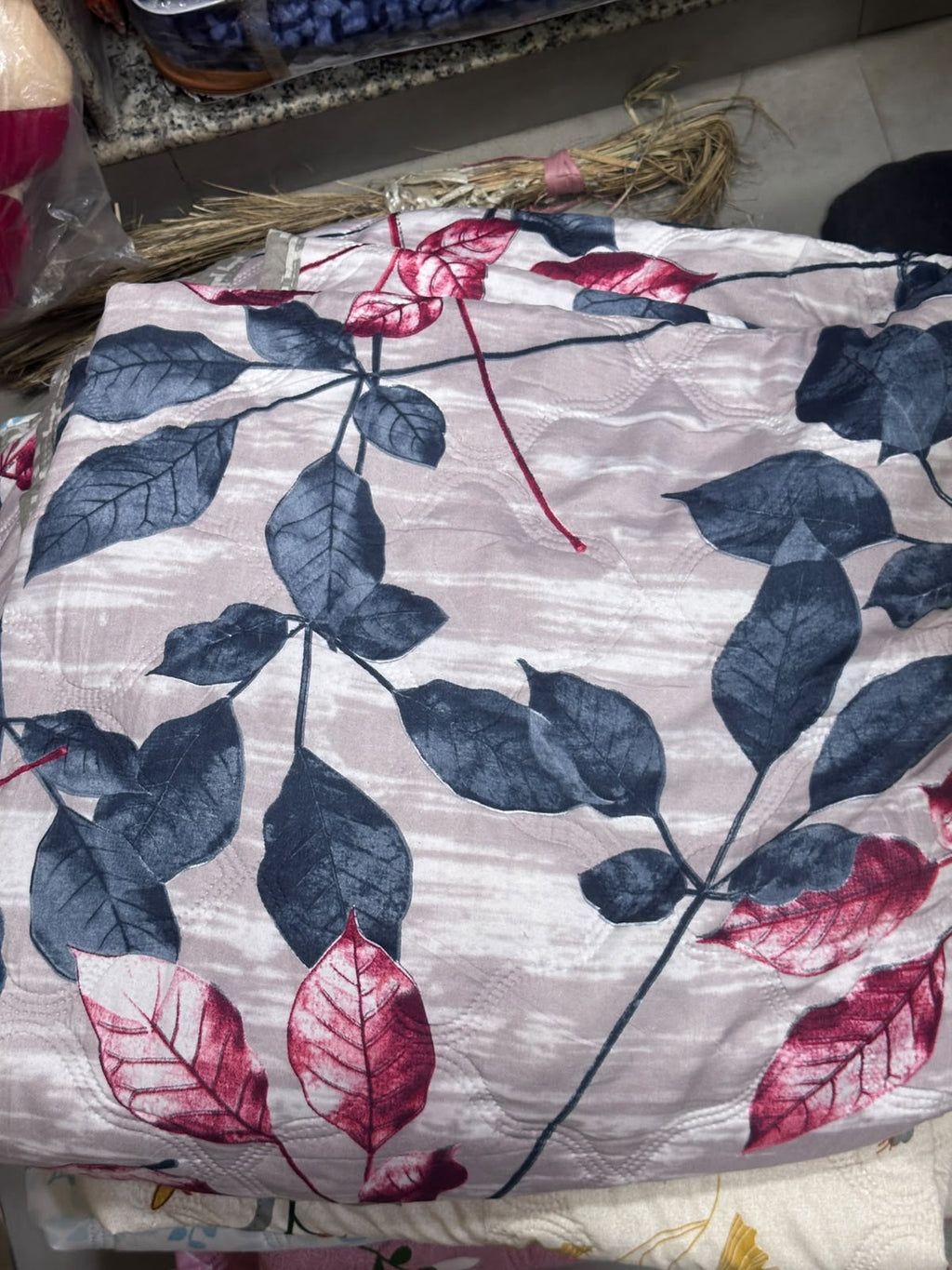Royce Navy & Berry Leaf Comforter - bold navy blue and magenta leaf branch print on white background