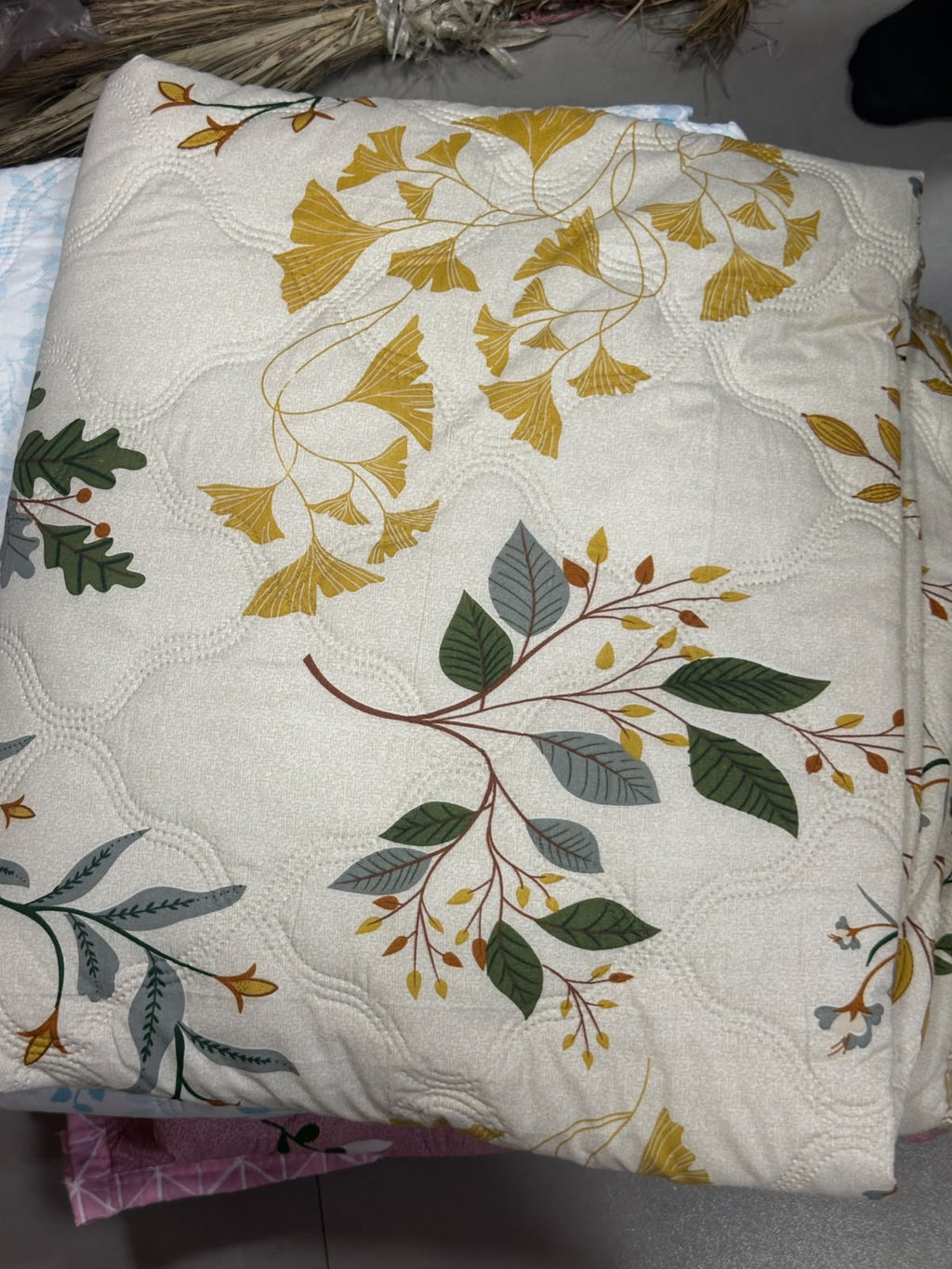 Royce Ginkgo Botanical Comforter - golden ginkgo and botanical leaf print on cream background