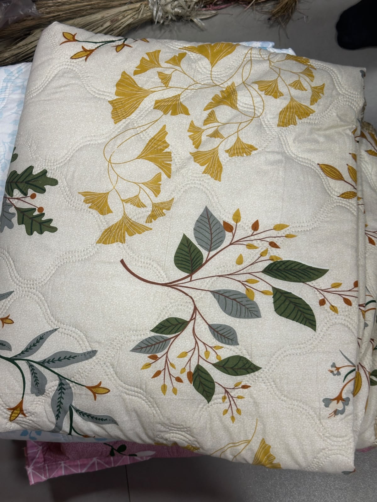 Royce Ginkgo Botanical Comforter - golden ginkgo and botanical leaf print on cream background