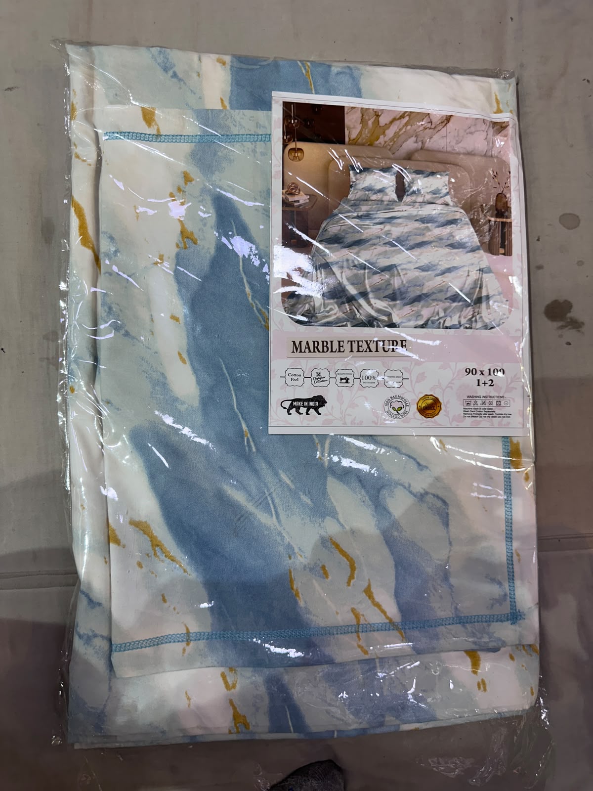 Marble Texture Blue Gold Bedsheet Set packaging
