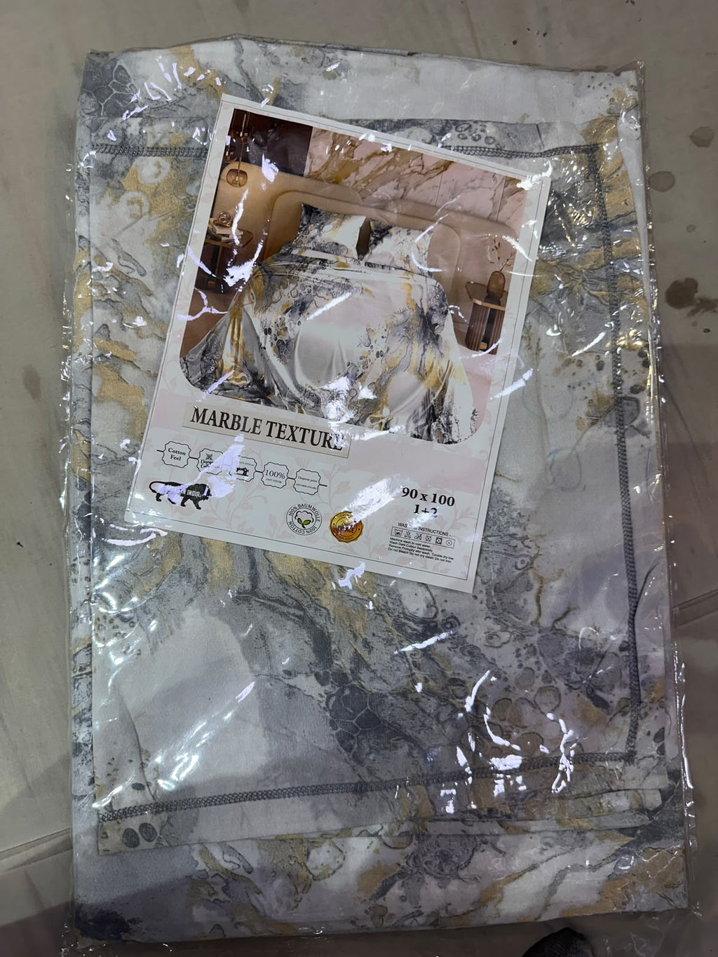 Marble Texture Grey Gold Bedsheet Set packaging