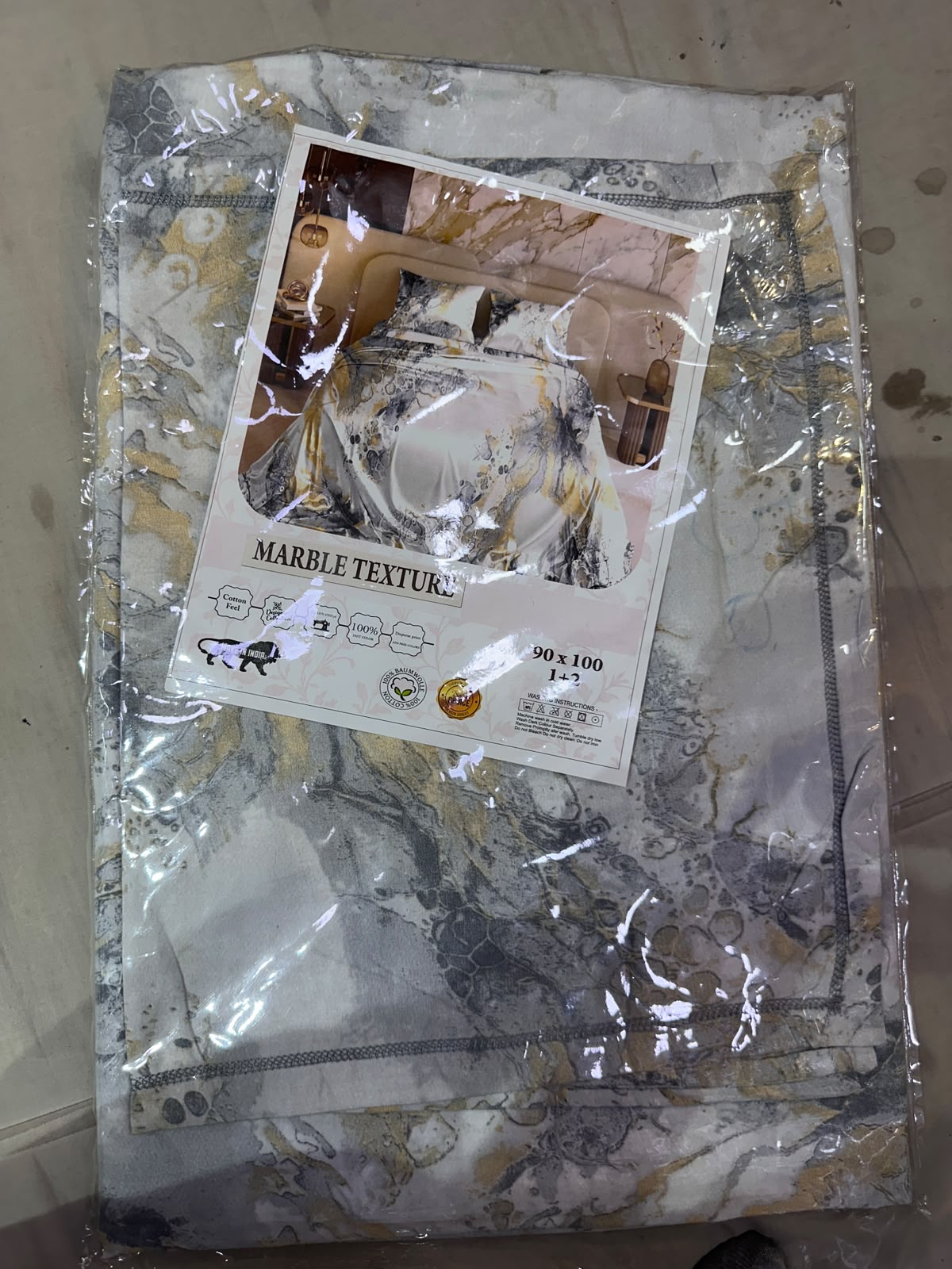Marble Texture Grey Gold Bedsheet Set packaging