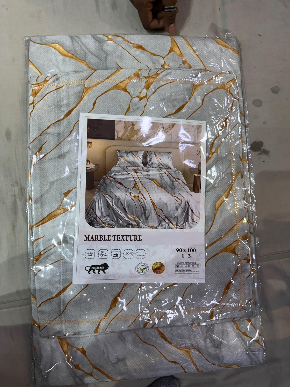 Marble Texture White Gold Bedsheet Set packaging
