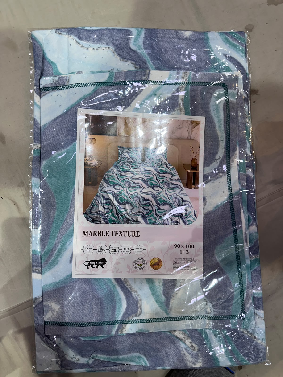 Marble Texture Teal Purple Bedsheet Set packaging