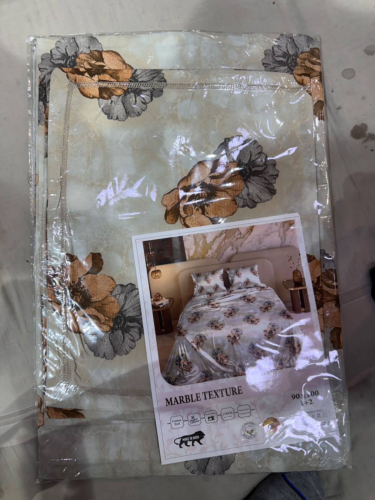 Marble Texture Floral Grey Copper Bedsheet Set packaging