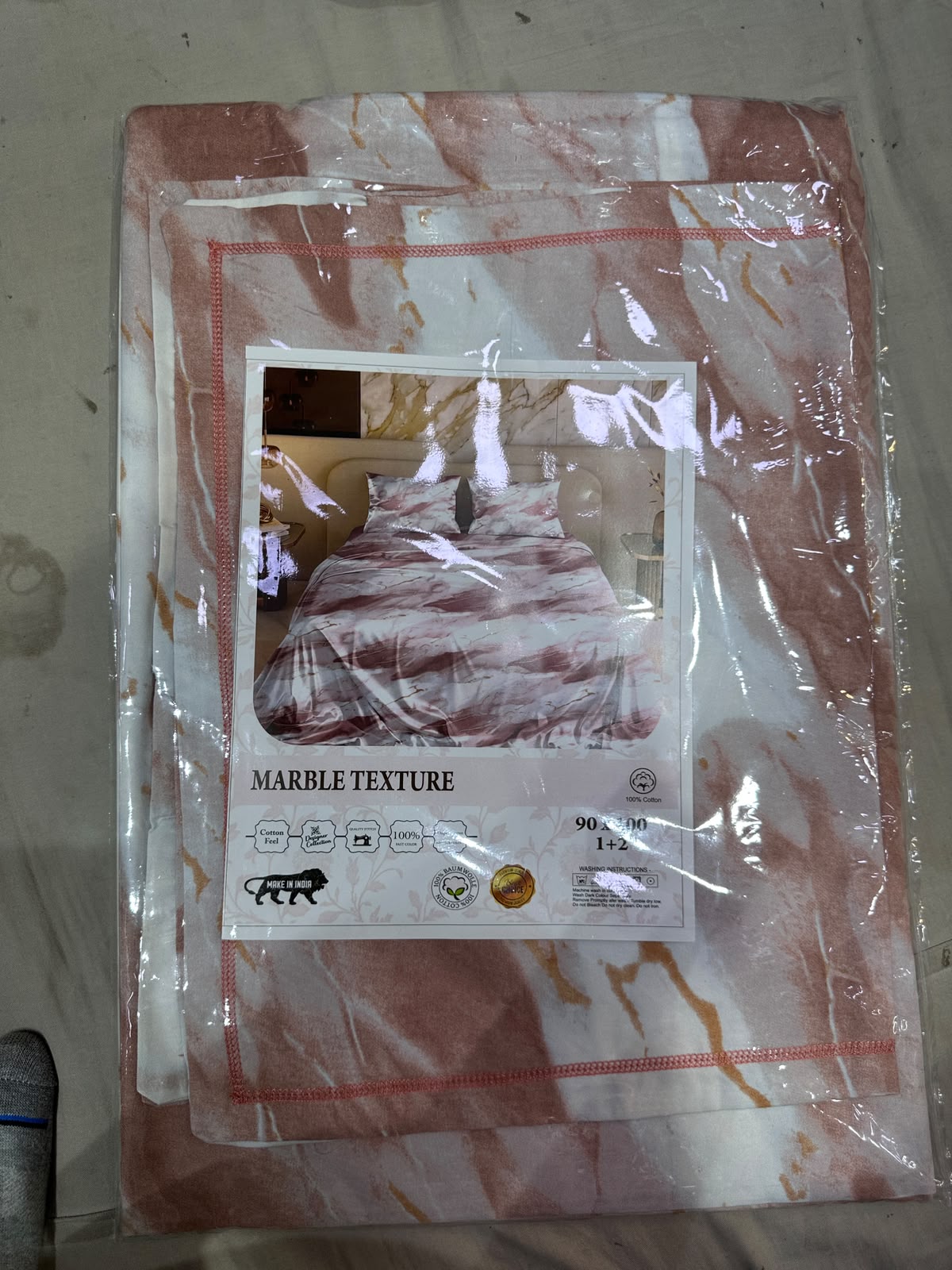 Marble Texture Pink Rose Bedsheet Set packaging
