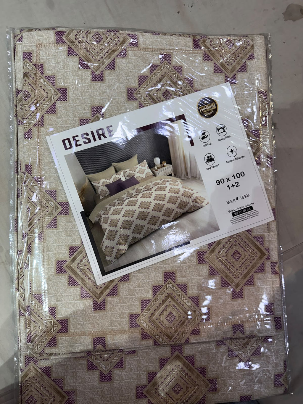 Desire Geometric Beige Mauve Bedsheet Set packaging