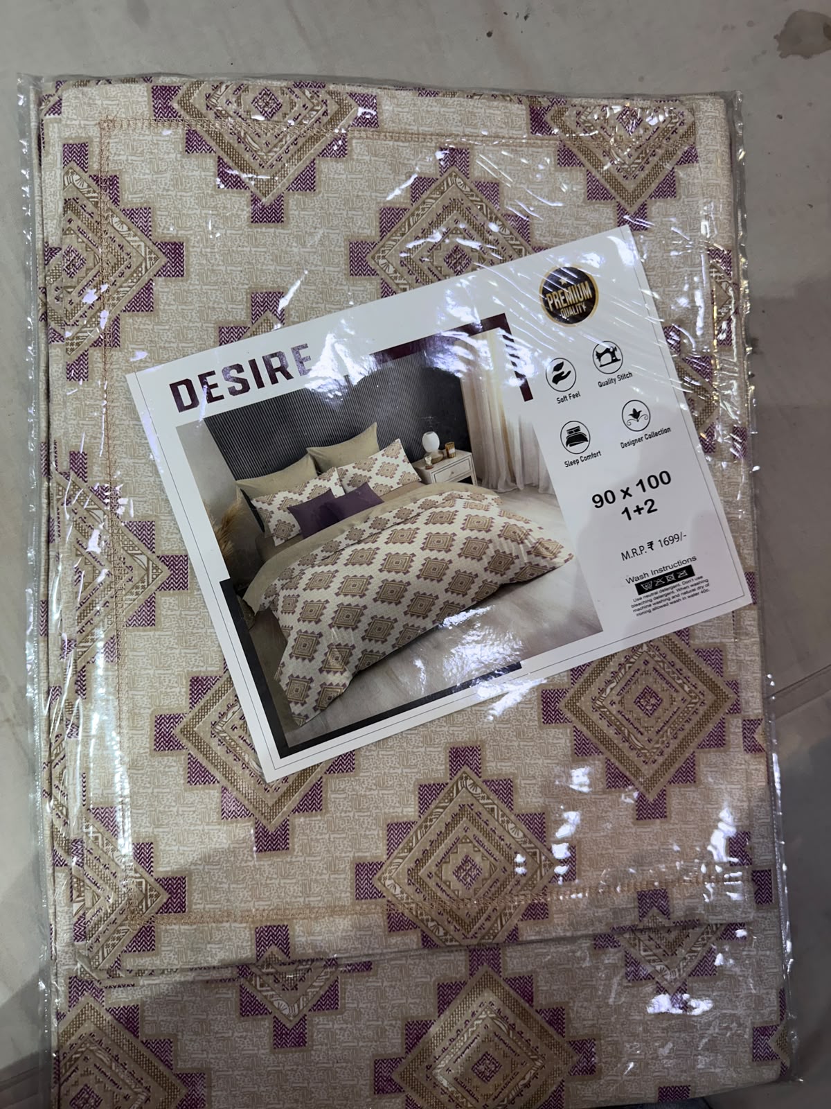 Desire Geometric Beige Mauve Bedsheet Set packaging