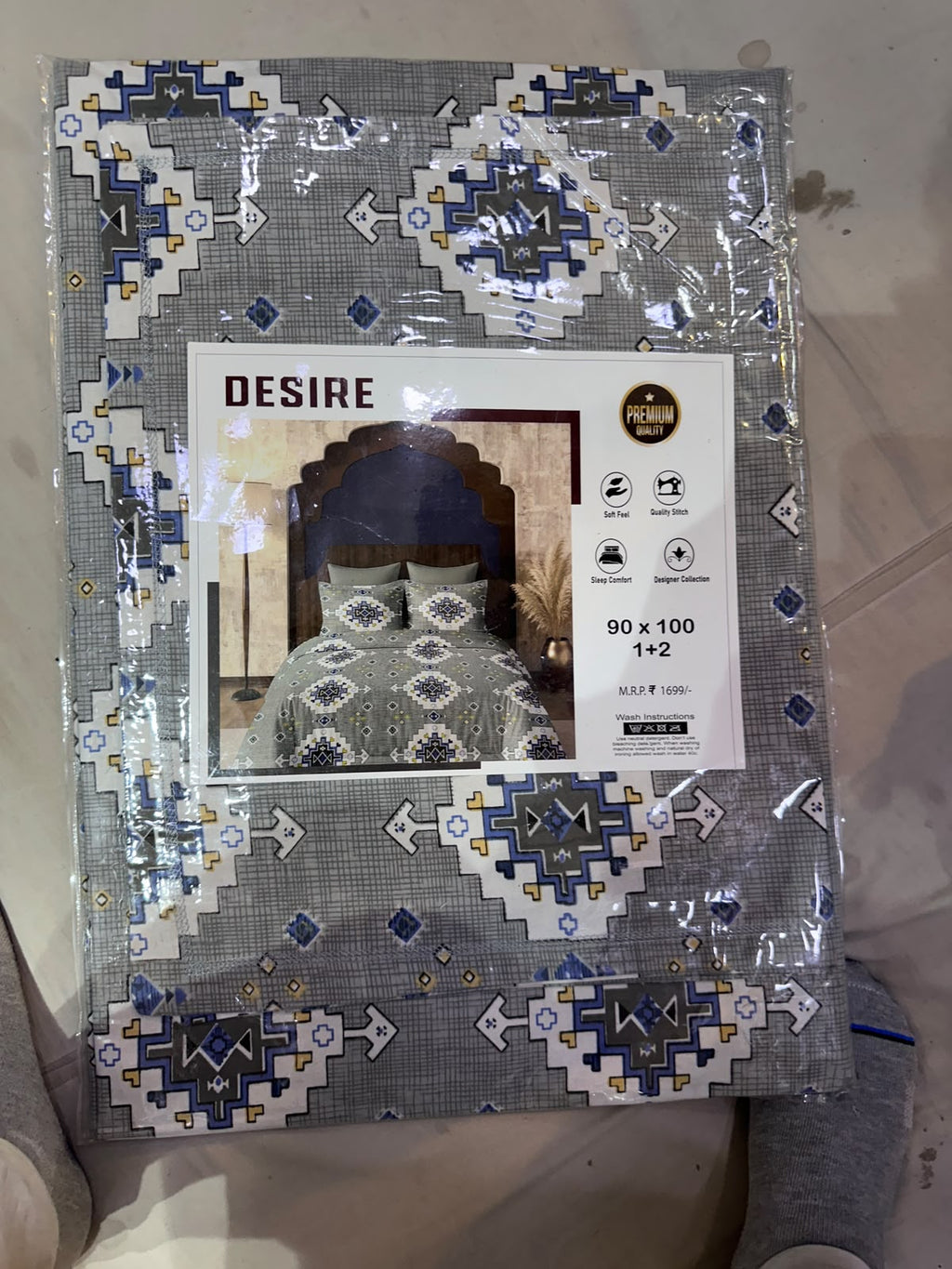 Desire Aztec Geometric Grey Blue Bedsheet Set packaging