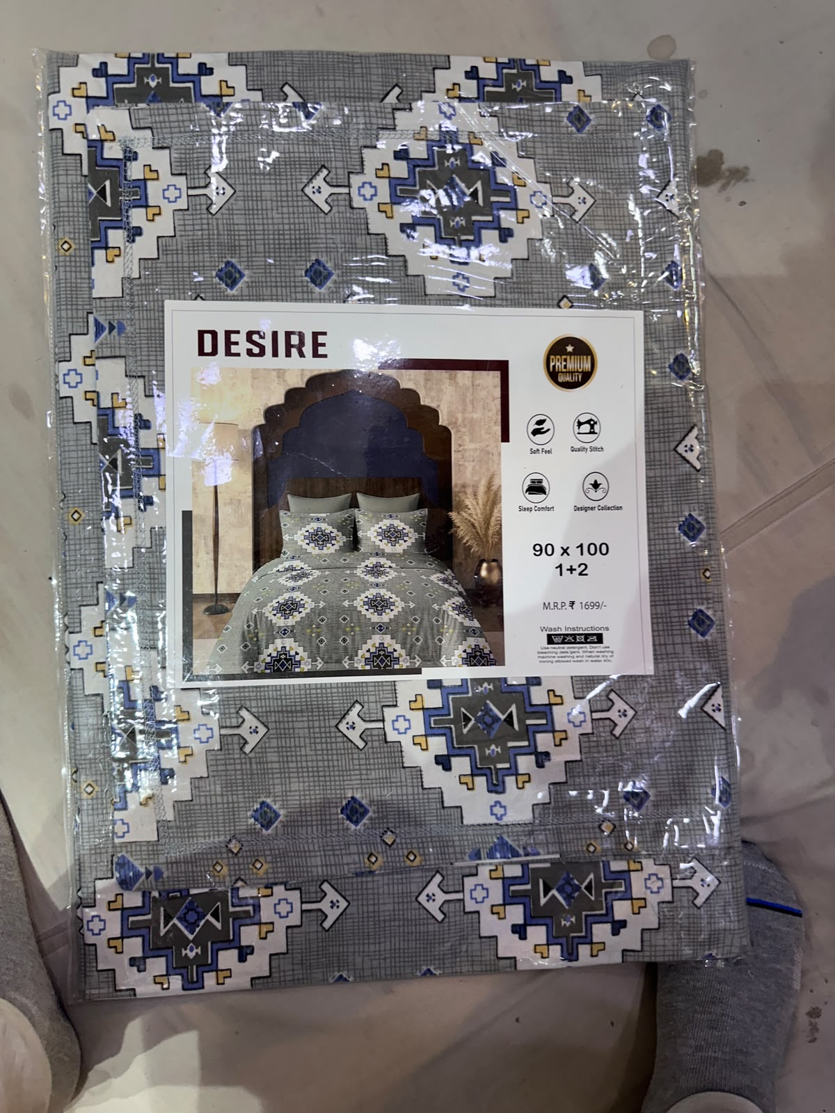 Desire Aztec Geometric Grey Blue Bedsheet Set packaging