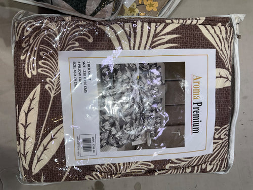 Actual cocoa brown and ivory leaf-print set with printed dimensions and MRP