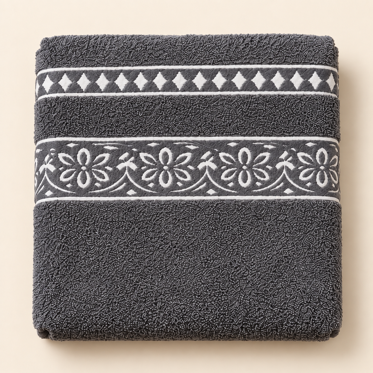 Tony Floral Border Bath Towel — Charcoal