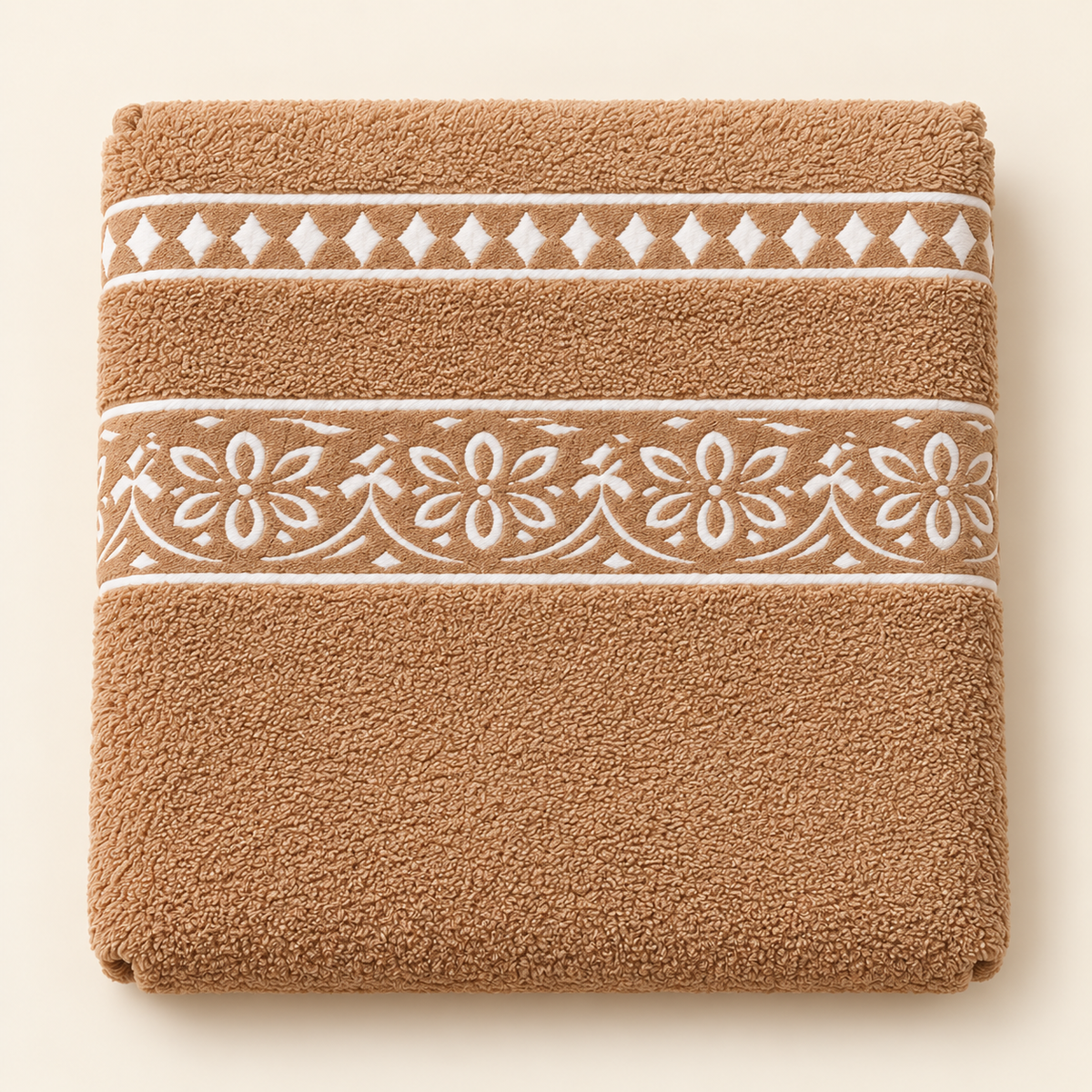 Tony Floral Border Bath Towel — Camel
