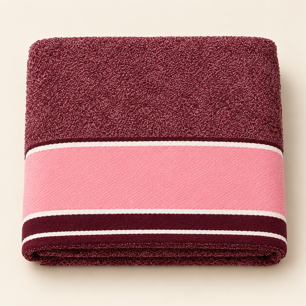 Tony Marled Contrast Border Bath Towel — Burgundy & Pink