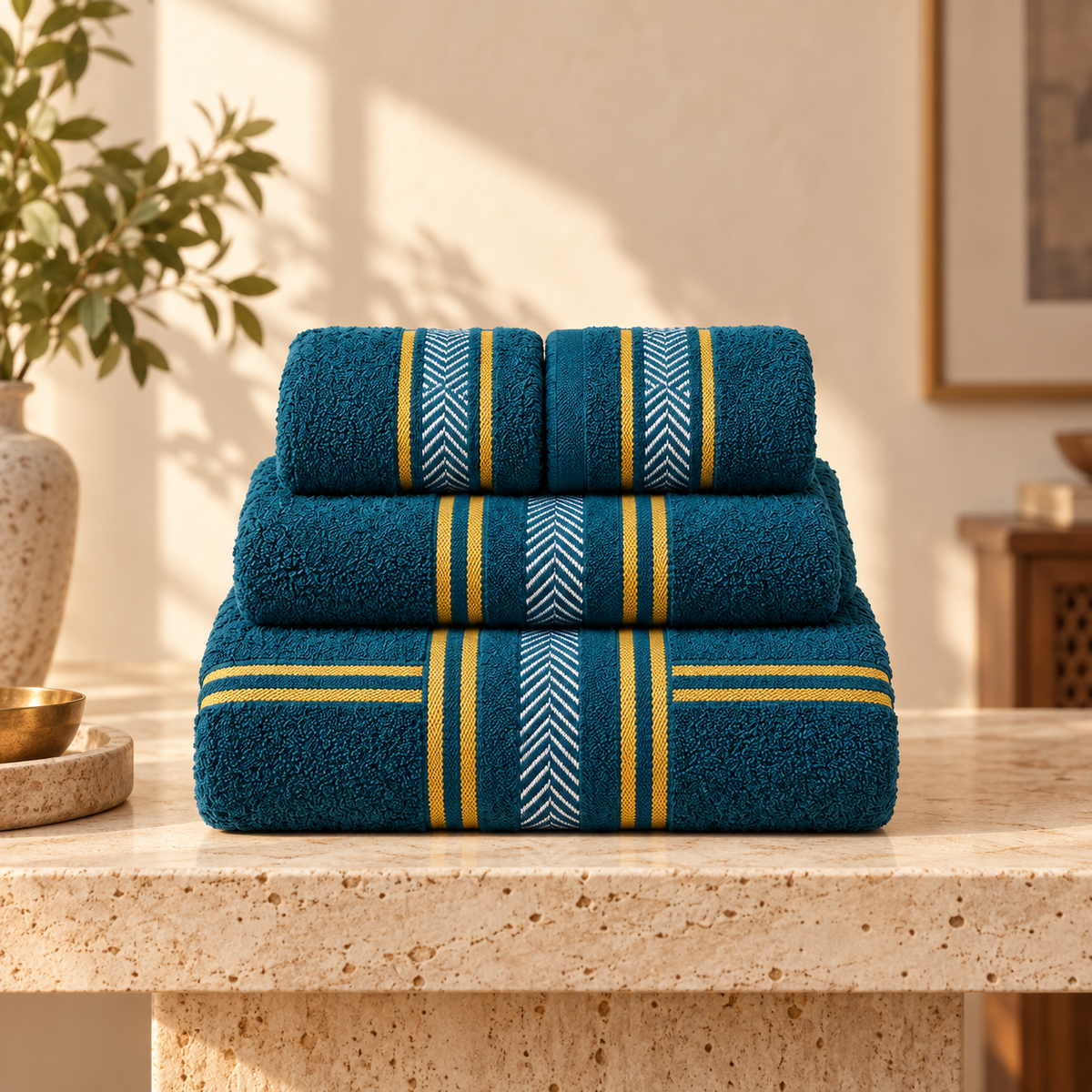 Teal four-piece towel gift set with gold and white chevron borders