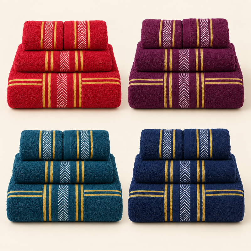 Chevron Border 4-Piece Towel Gift Set — four colour choices; AI-assisted studio image