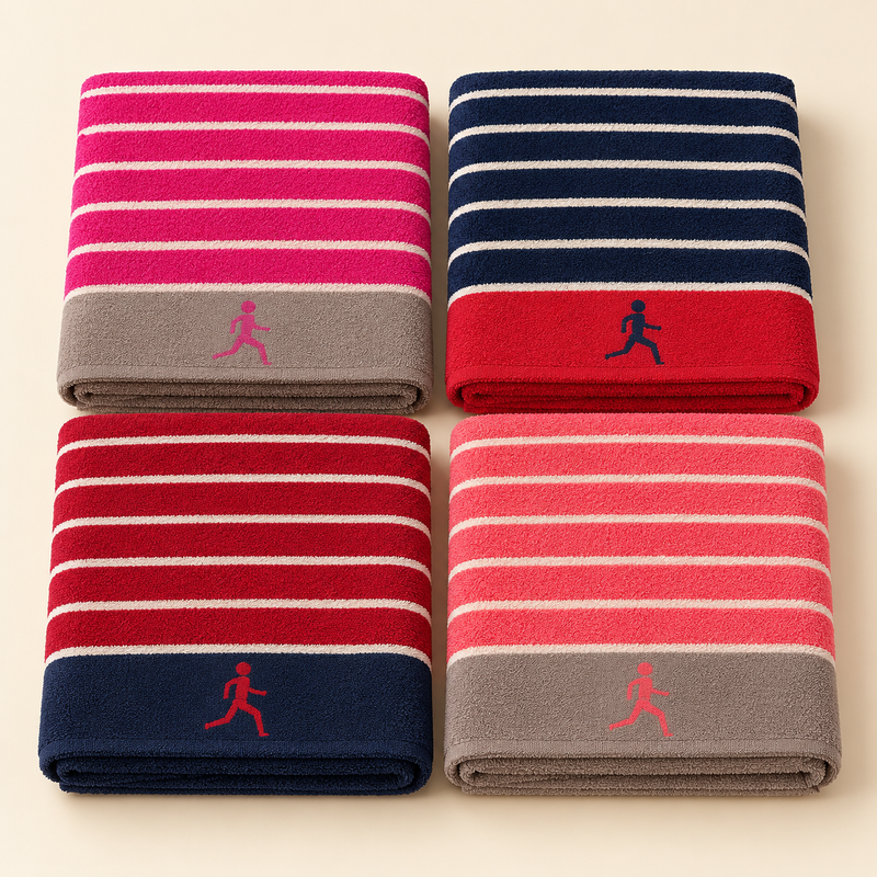 Sport Stripe Bath Towel — four colour choices; AI-assisted studio image