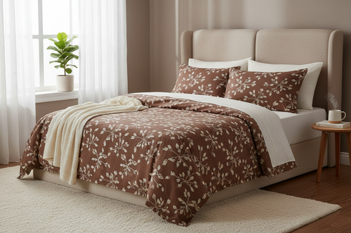 Cocoa brown and ivory leaf print bedsheet set styled on a neatly made bed with warm natural lighting