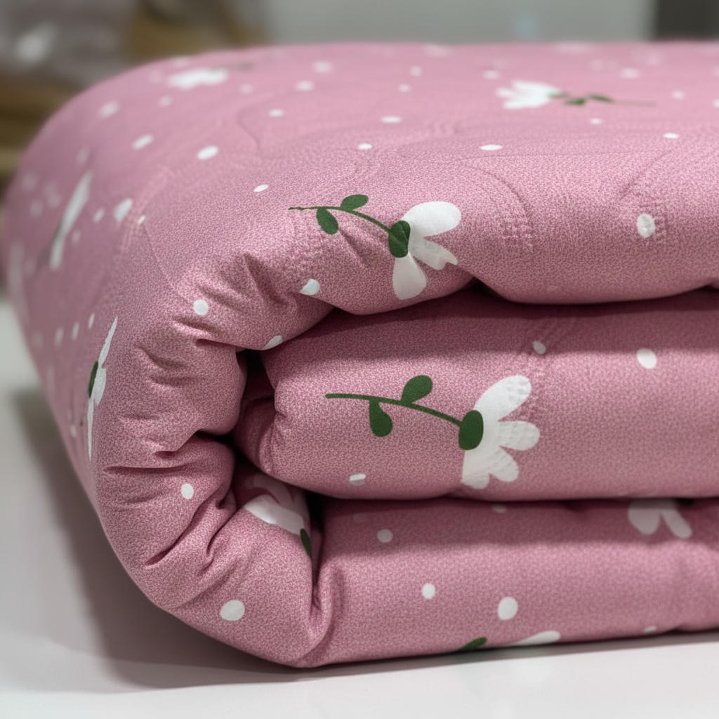Close-up of Royce Pink Daisy Comforter showing daisy print and polka dot fabric detail
