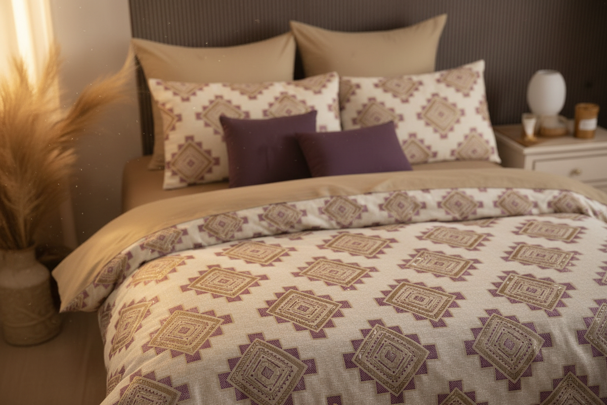 Desire Geometric Beige Mauve Bedsheet Set close-up lifestyle