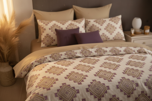 Desire Geometric Beige Mauve Bedsheet Set close-up lifestyle