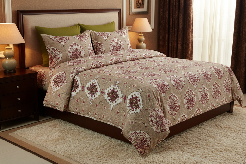 Desire Aztec Medallion Crimson Beige Bedsheet Set styled on king bed