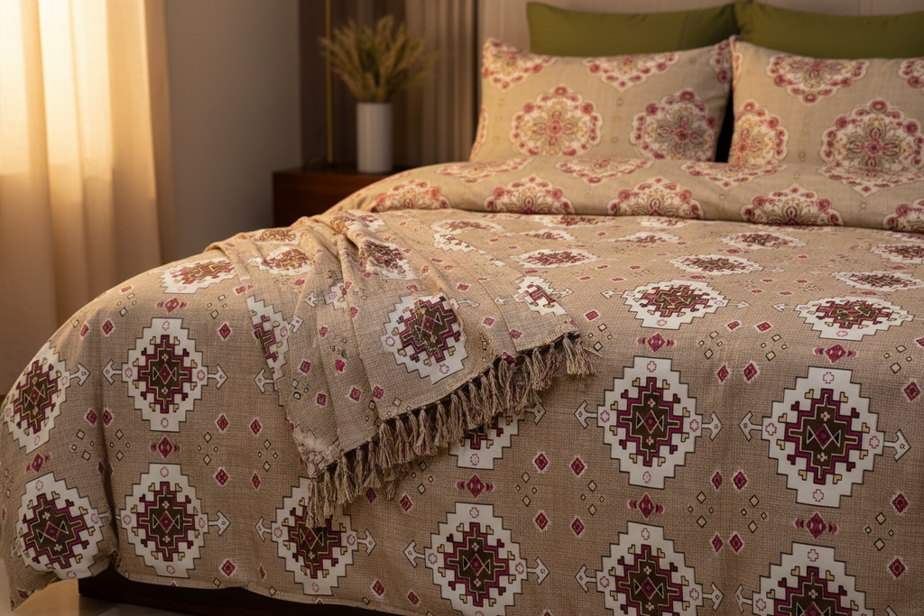 Desire Aztec Medallion Crimson Beige Bedsheet Set close-up lifestyle