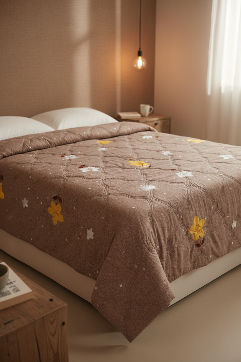 Royce Mocha Bloom Comforter styled in a warm cozy bedroom