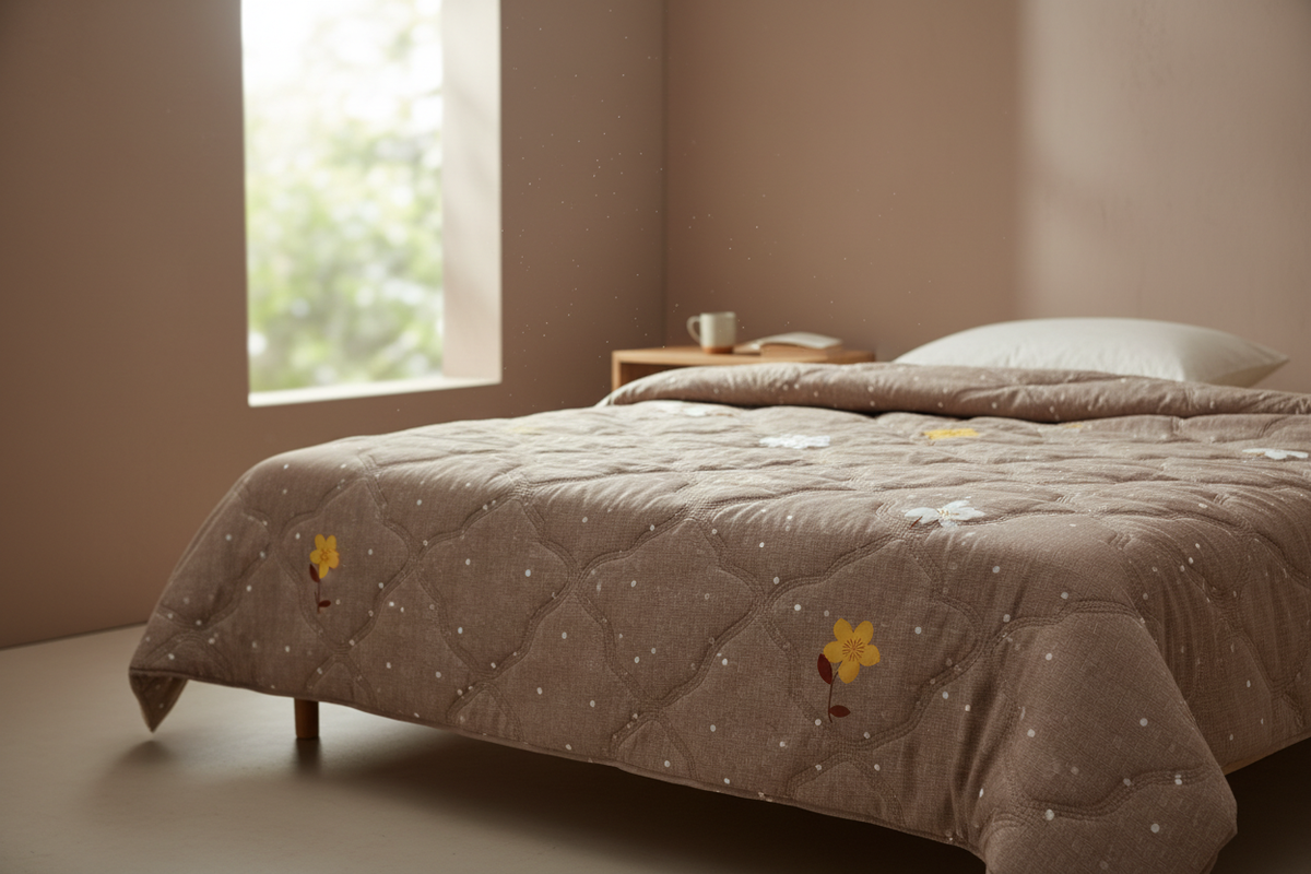 Royce Mocha Bloom Comforter draped on a bed in a warm cozy bedroom