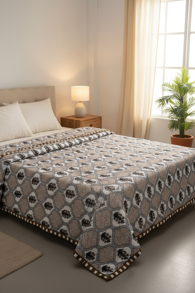 Ogee leaf print comforter styled in a bright airy bedroom corner