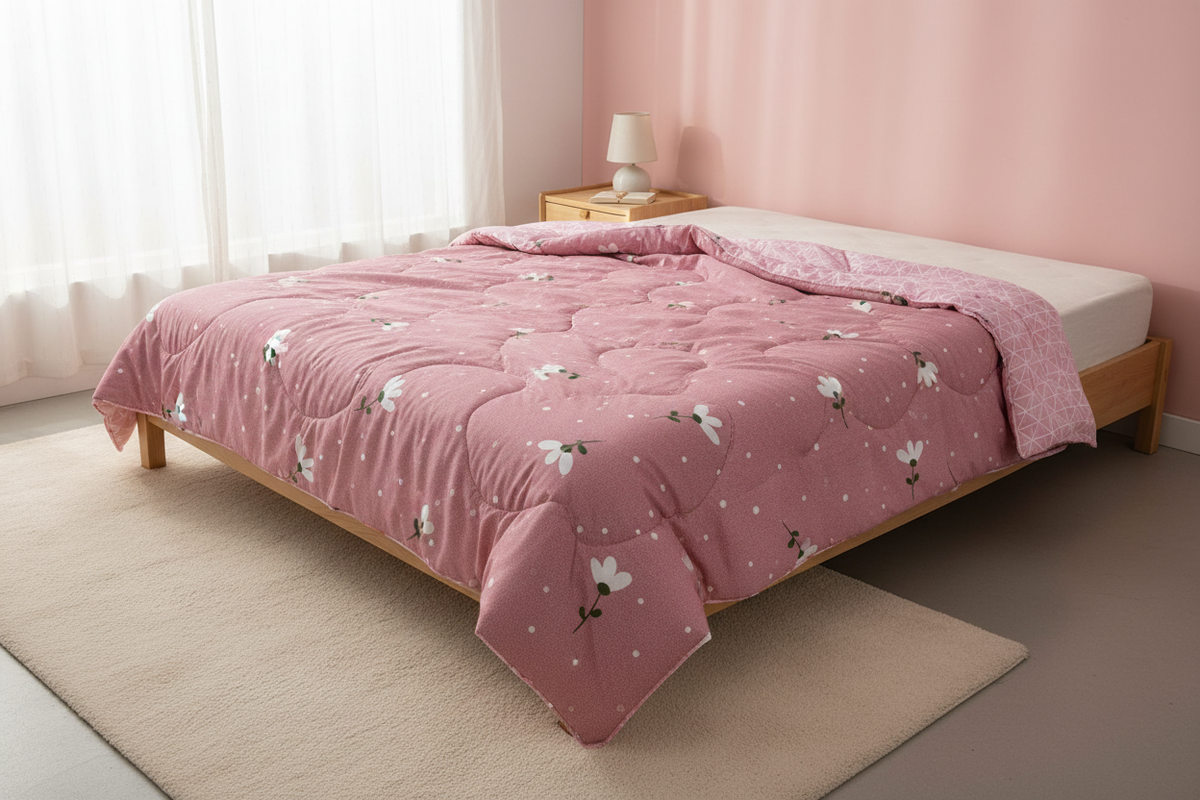 Royce Pink Daisy Comforter draped on a bed in a cozy modern bedroom