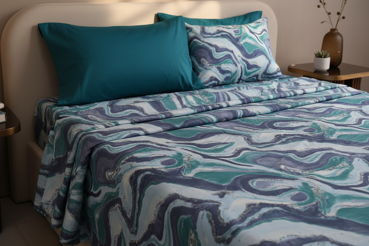 Marble Texture Teal Purple Bedsheet Set close-up lifestyle