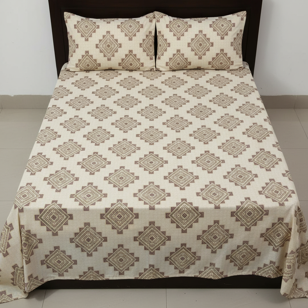 Desire Aztec Geometric Cream Olive Bedsheet Set flat-bed shot