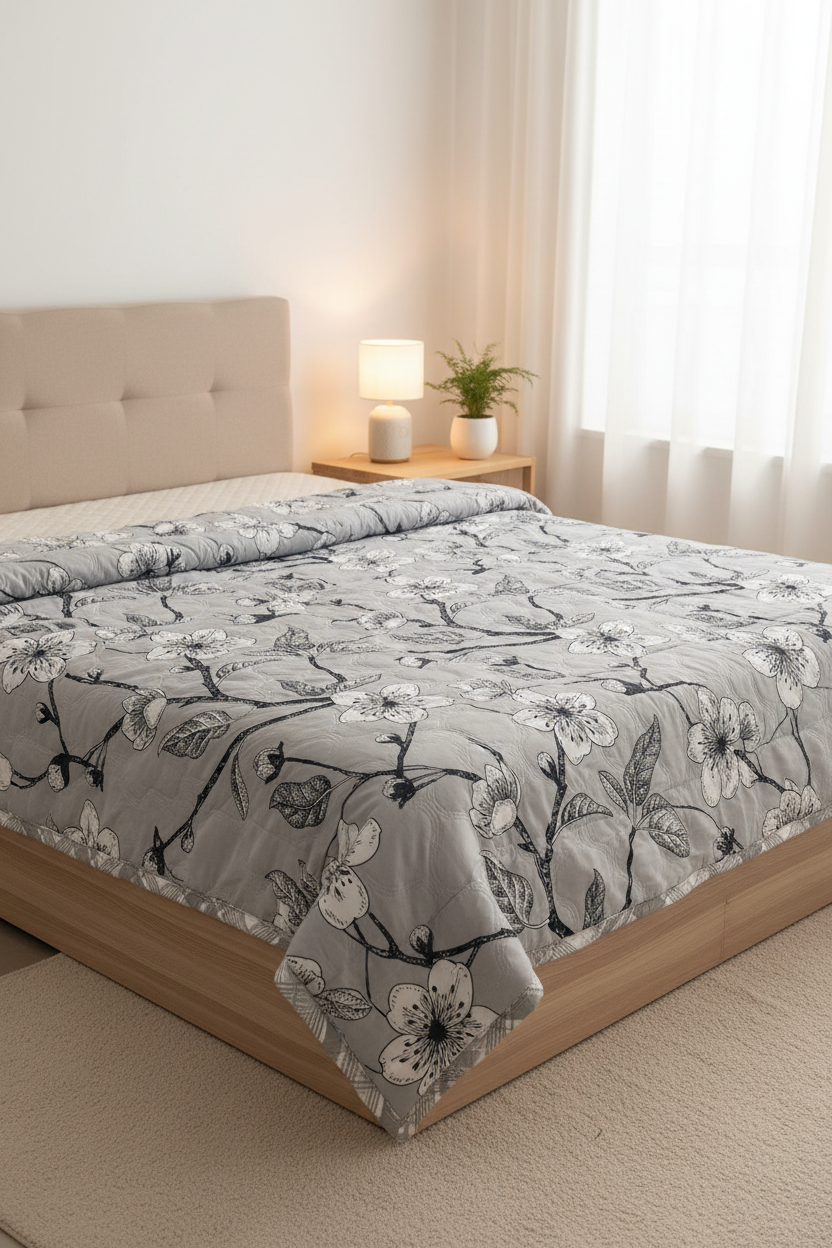 Royce Grey Blossom Comforter styled in a bright modern bedroom
