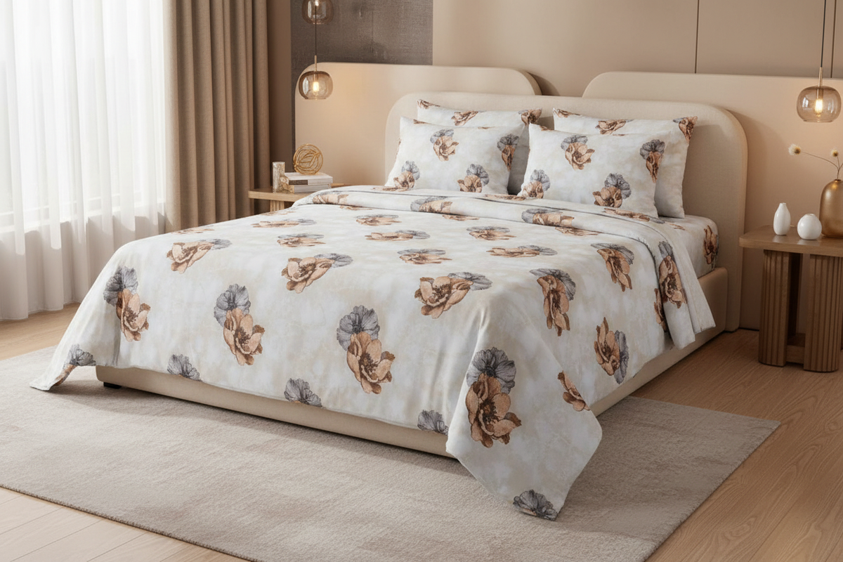 Marble Texture Floral Grey Copper Bedsheet Set styled on king bed