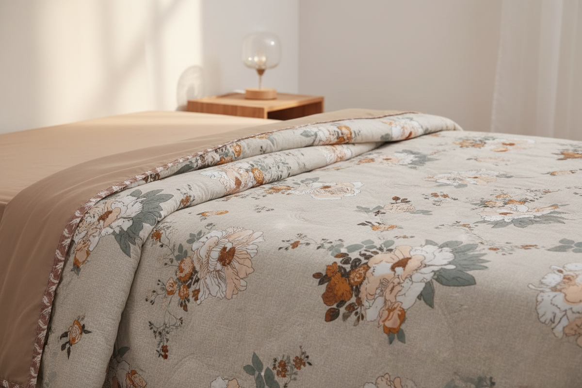 Royce Peony Garden Comforter draped on a bed in a bright modern bedroom