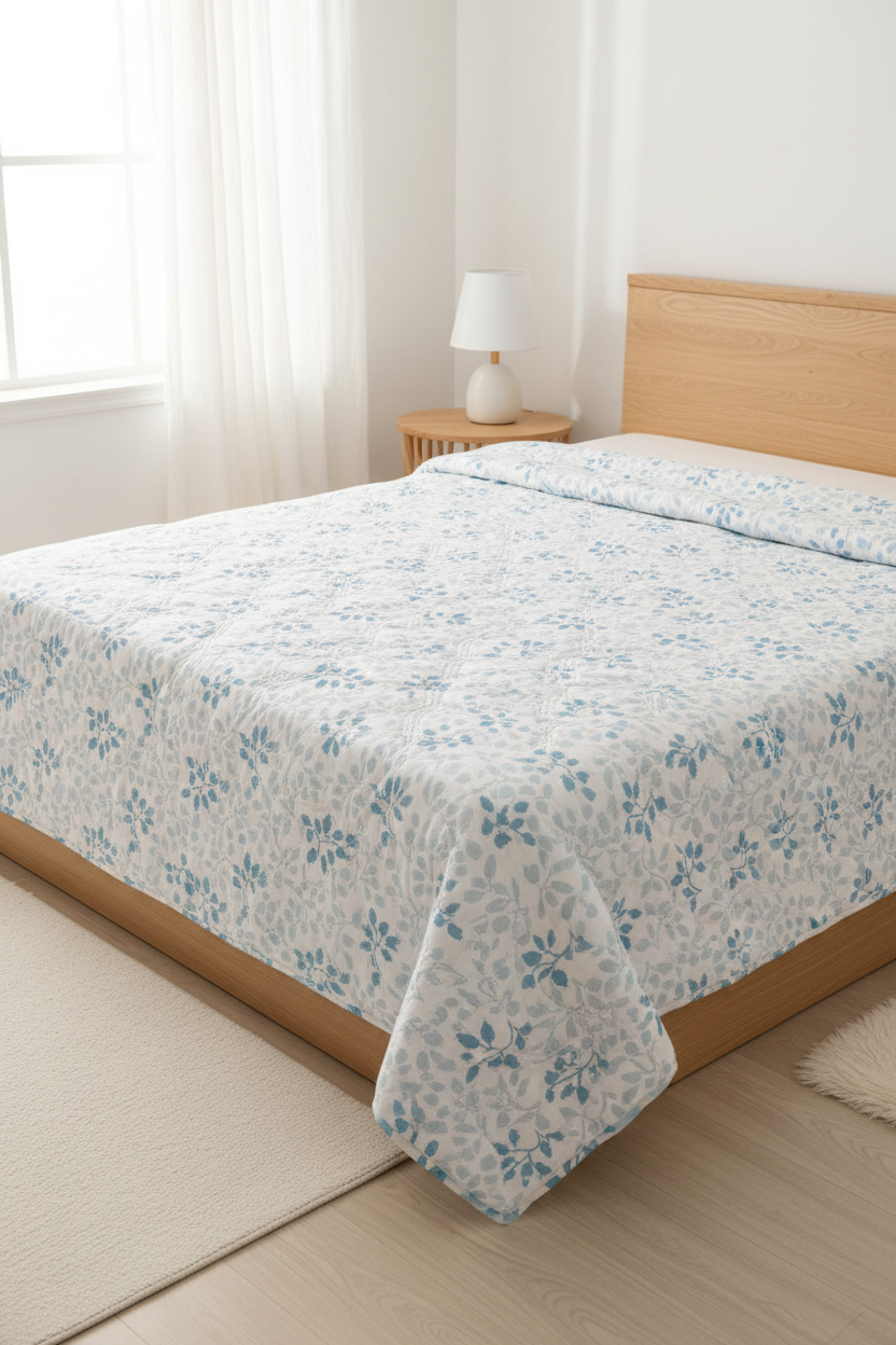 Royce Blue Leaf Comforter styled in a bright fresh bedroom