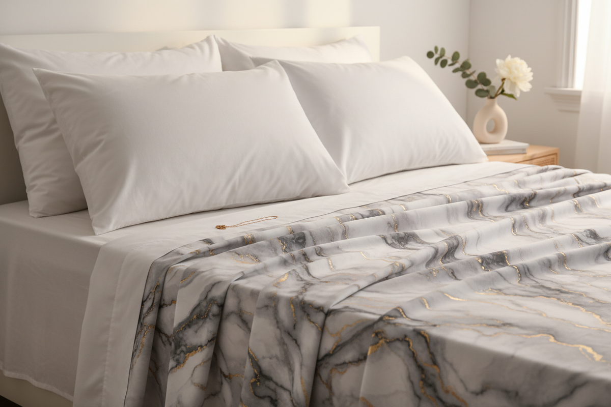 Marble Texture Grey Gold Bedsheet Set close-up lifestyle