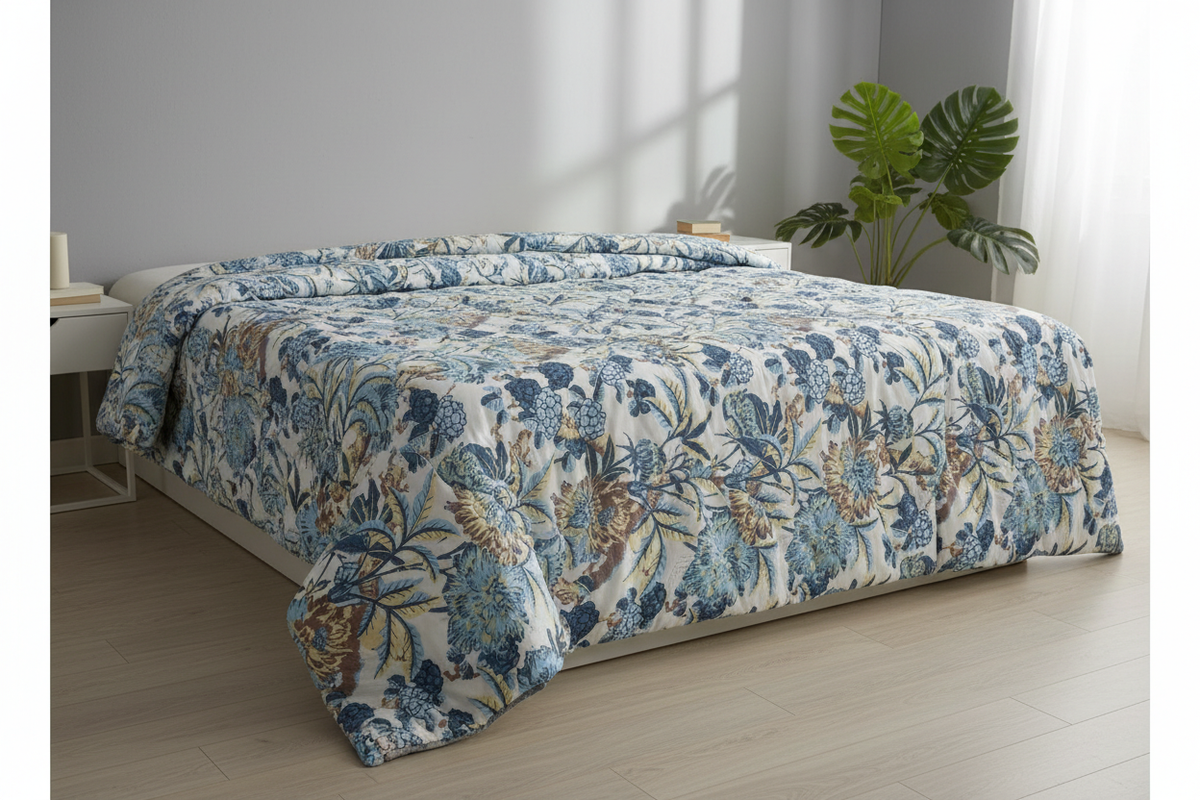 Prima Blue Floral Comforter draped on a bed in a cozy modern bedroom