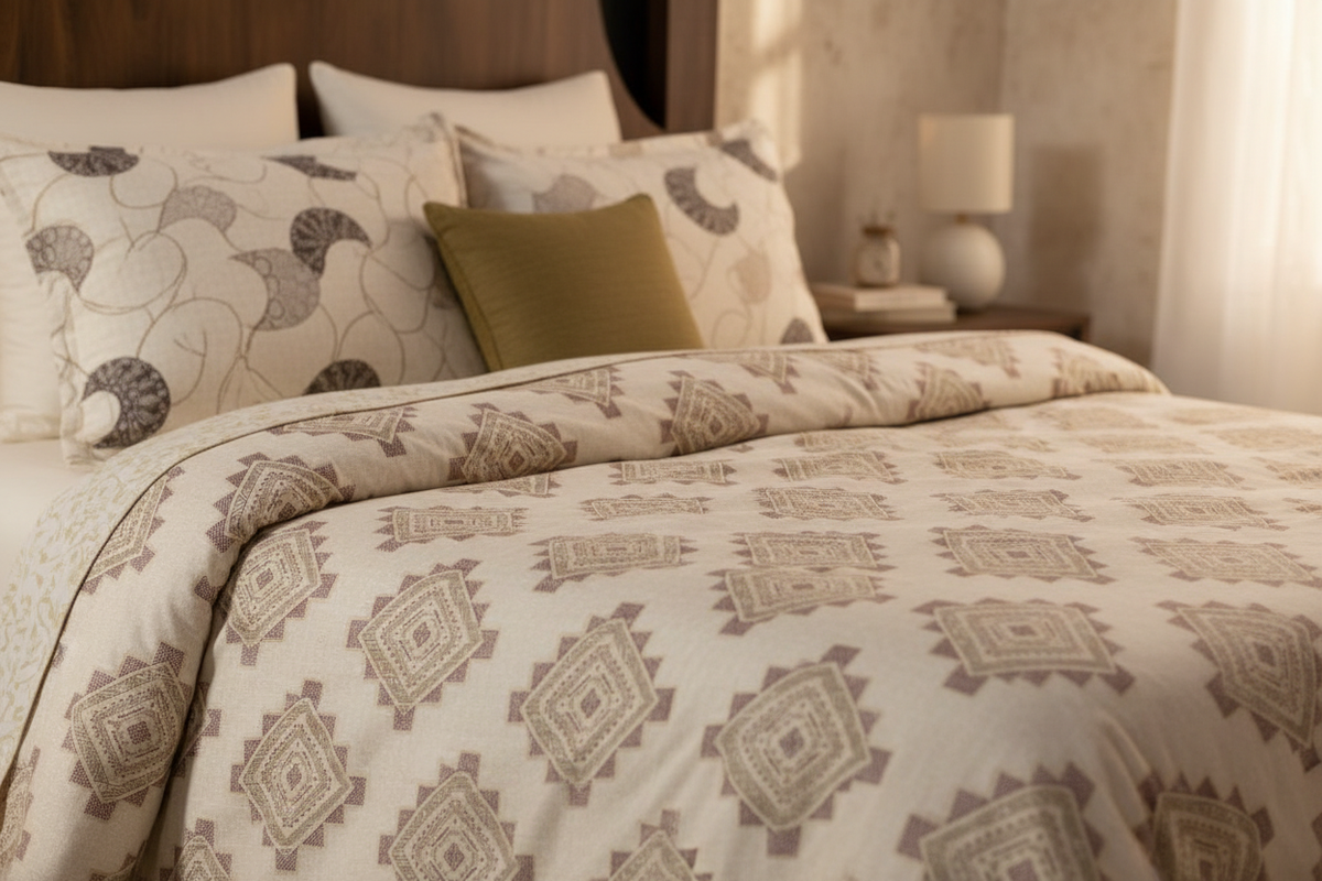 Desire Aztec Geometric Cream Olive Bedsheet Set close-up lifestyle