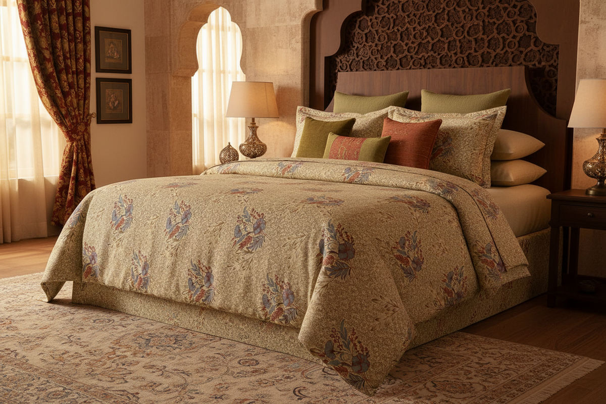 Desire Mughal Botanical Floral Bedsheet Set styled on king bed
