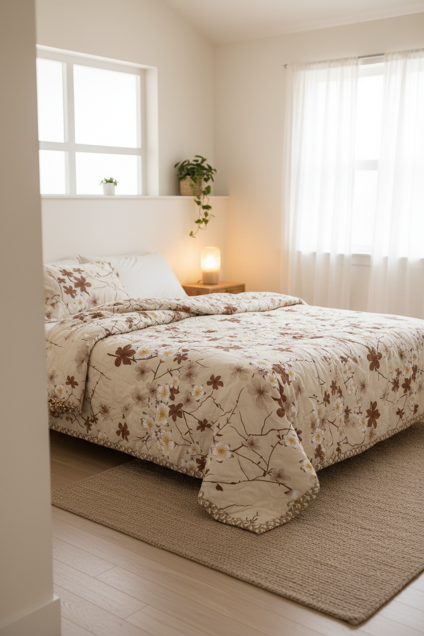 Prima Cherry Blossom Comforter styled in a bright airy bedroom