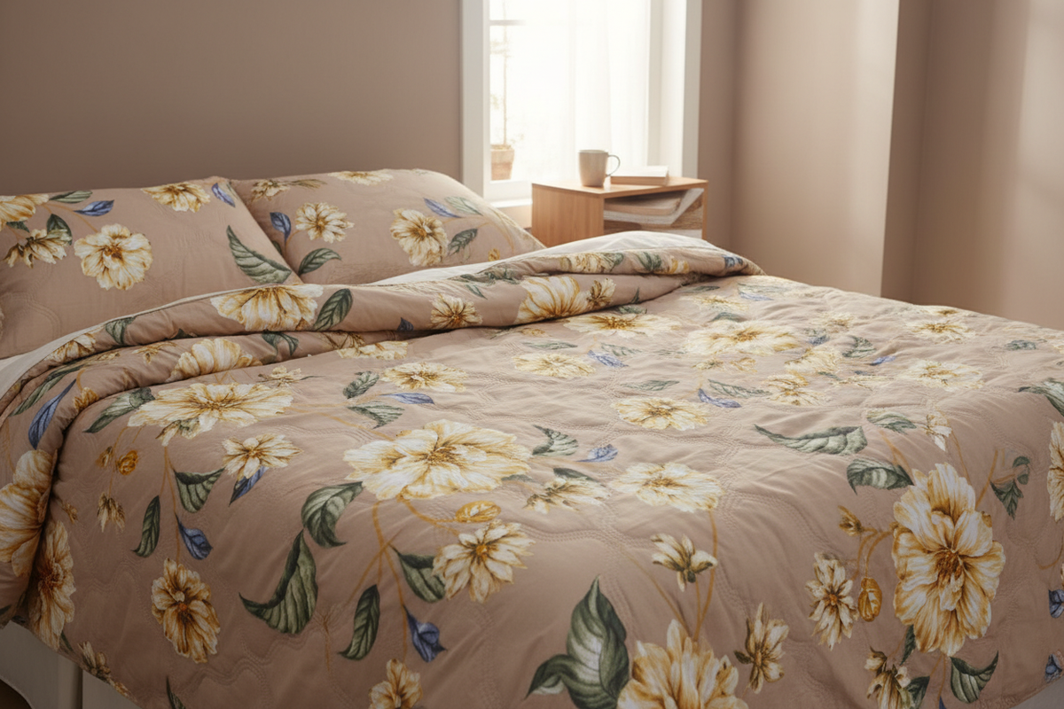 Royce Yellow Dahlia Comforter draped on a bed in a cozy modern bedroom