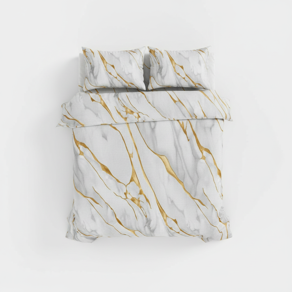 Marble Texture White Gold Bedsheet Set flat-bed shot