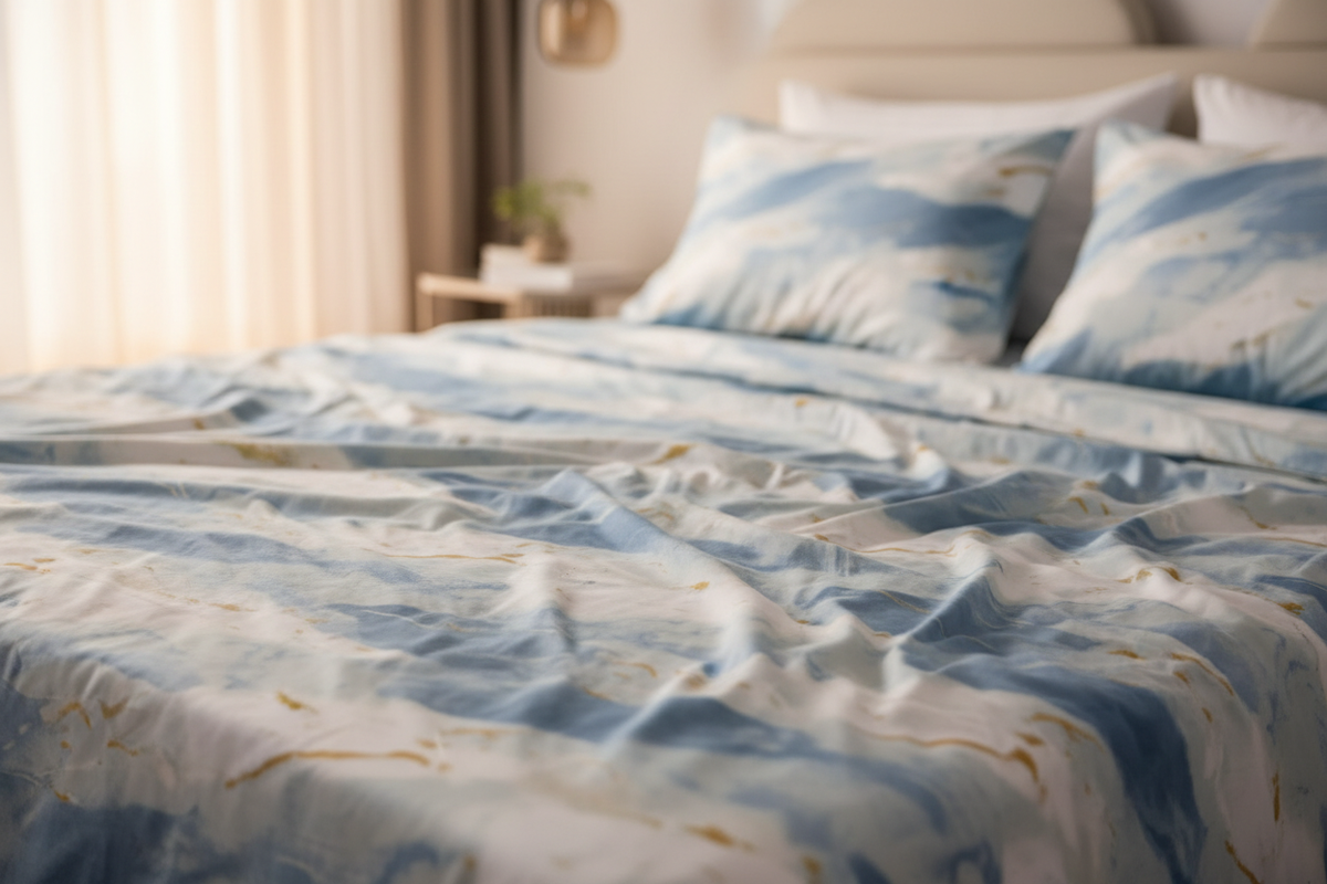 Marble Texture Blue Gold Bedsheet Set close-up lifestyle